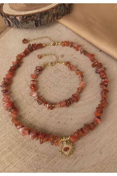 TARZ-I TAKI Natural Stone Coffee Orange Agate Necklace & Bracelet Set Women Mothers Valentine's Day