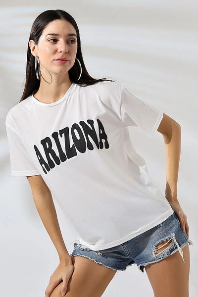 hazelin Λευκό μαύρο γυναικείο μπλουζάκι με στάμπα Arizona - Crew Neck HZL24S-DSB 120261