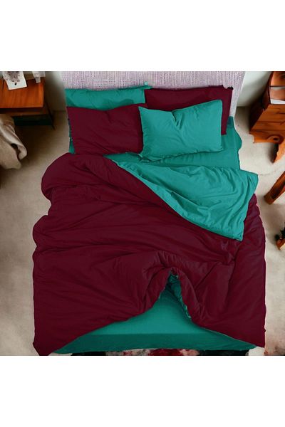 MAJESTE Double Sided Use Combination/Ranforce Single Duvet Cover Set-2 Pillowcases-Burgundy/Mint