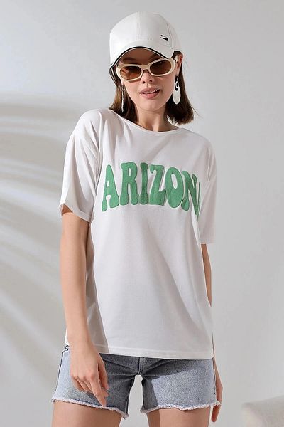 hazelin Λευκό Πράσινο Γυναικείο T-Shirt Arizona με στάμπα - Crew Neck HZL24S-DSB120261