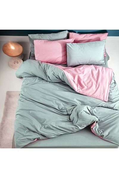 MAJESTE Double Sided Use Combination/Ranforce Single Duvet Cover Set-2 Pillowcases-Grey/Pink
