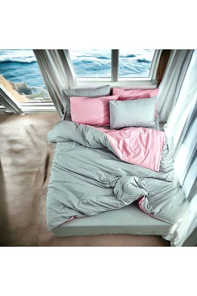 MAJESTE Double-Sided Use Combination/Ranforce Double Duvet Cover Set-4 Pillowcases-Grey/Pink