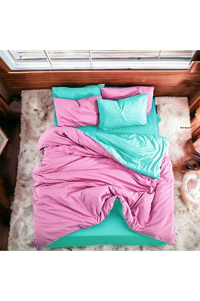 MAJESTE Double Sided Use Combination/Ranforce Single Duvet Cover Set-2 Pillowcases-Pink/Mint