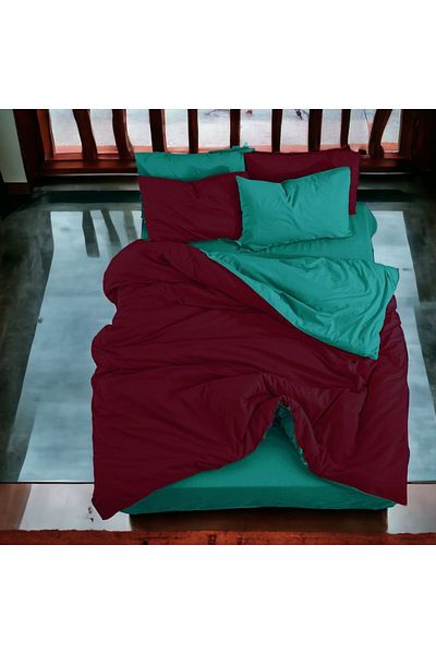 MAJESTE Double Sided Use Combination/Ranforce Single Duvet Cover Set-2 Pillowcases-Burgundy/Mint