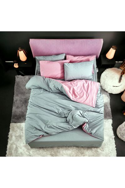 MAJESTE Double Sided Use Combination/Ranforce Single Duvet Cover Set-2 Pillowcases-Grey/Pink