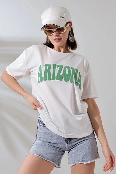 hazelin Λευκό Πράσινο Γυναικείο T-Shirt Arizona με στάμπα - Crew Neck HZL24S-DSB120261