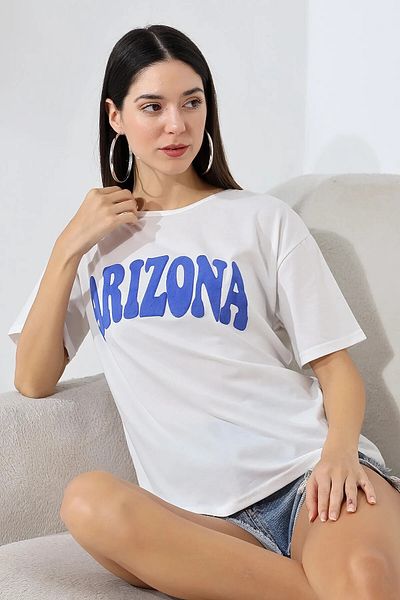 hazelin Λευκό μπλε Arizona εμπριμέ γυναικείο μπλουζάκι - Crew Neck HZL24S-DSB120261