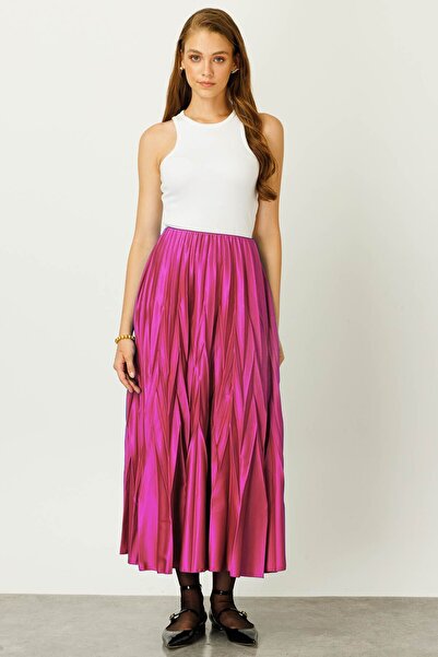 Hooopstore Geometrik Pilisoley Etek - Fuşya