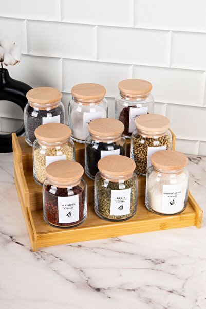 DNS HOME 9-Piece Spice Jar Set - Wooden Lid, Layered Stand, Spice Label, Glass 300 ml Storage Jar