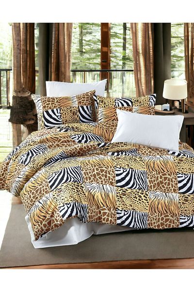 MAJESTE Leopard Zebra Pattern Cream Bed Sheets with 4 Pillowcases Cotton Non-Iron Wrinkle-Resistant Double K. Duvet Cover Set