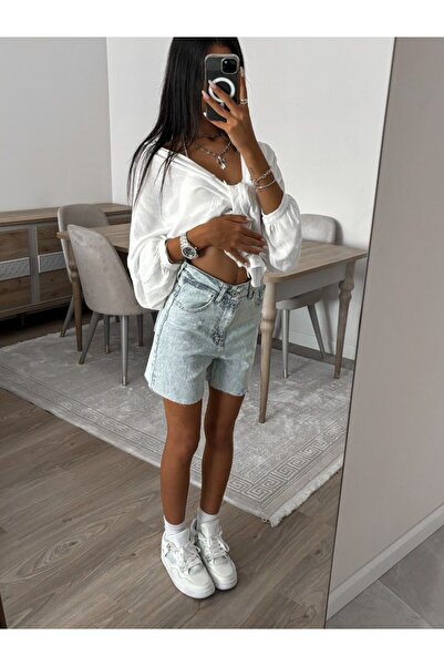 Alien 1979 Buz mavisi yıkamalı lazer detaylı denim şort