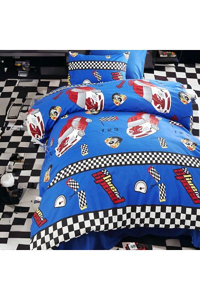 MAJESTE Rally Racing Car Patterned Blue Sheet with 2 Pillowcases / Ranforce Single Duvet Cover Set