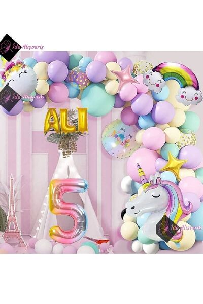 Bkmc 5 Year Old and 3 Letter Rainbow Concept Unicorn Themed Macarons Balloon ...