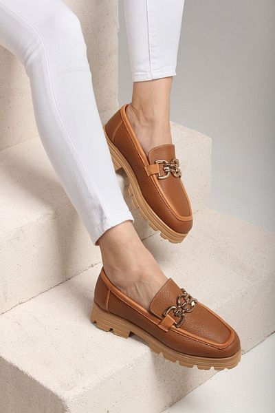 Gusse Women's Tan Genuine Leather Loafer Shoes