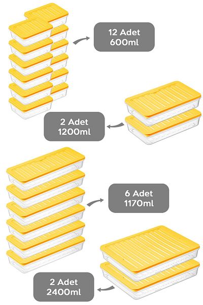 Meleni Home 22 Pieces Microwave Compatible Storage Container - 2x2400Ml 2x1200Ml 6x1170Ml 12x600Ml Yellow