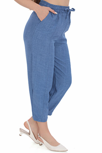 REYNEV Kadın İndigo Mavi Beli Lastikli Rahat Pantolon Yüksek Bel Ince Yeni Sezon Yazlık Pantolon