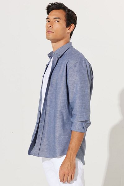 AC&Co / Altınyıldız Classics Navy Blue Linen Comfort - Relaxed Cut Buttoned Collar Dobby Men's Shirt