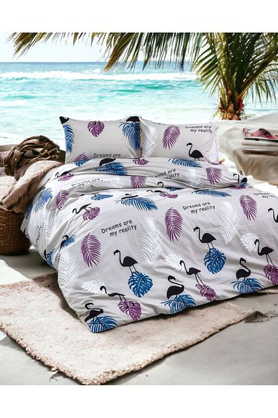 MAJESTE Flamingo Pelican Patterned / Cotton Ranforce Does Not Want Iron Non-Wrinkle Double Duvet Cover Set
