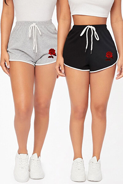Harmandar Gray and Black Red Rose Printed 2-Piece Mini Shorts Set - Combed Co...