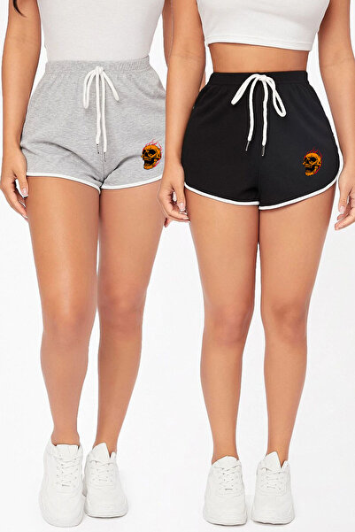 Harmandar Gray and Black 2-Piece Set - Burning Skull Printed Combed Cotton Mi...