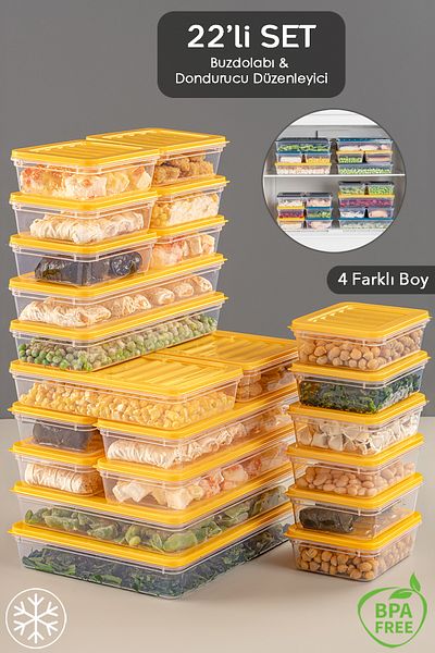 Meleni Home 22 Pieces Microwave Compatible Storage Container - 2x2400Ml 2x1200Ml 6x1170Ml 12x600Ml Yellow