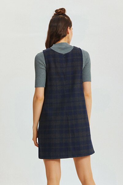 Clandestino V Yakalı Ekoseli Mini Elbise Lacivert