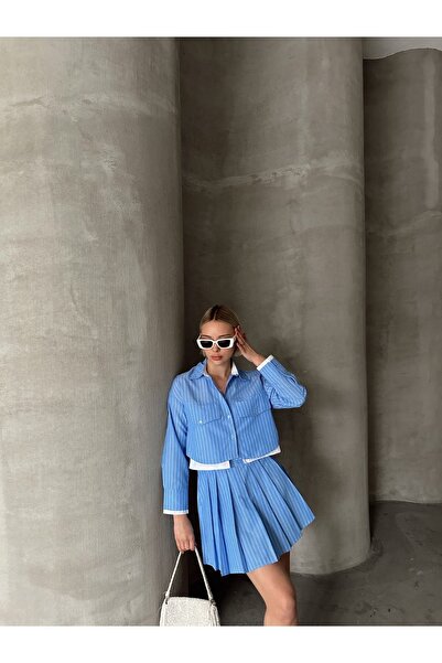 R&G RIMANERE GIOVANI Blue Striped Pleated Women's Mini Skirt and Jacket Set