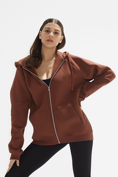 Comm-Ci Кафяв плетен суитшърт с качулка и 3 нишки с цип Ela