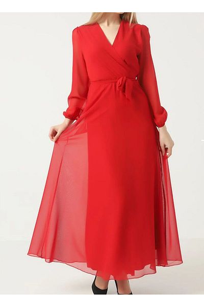 Phoenix Women Long Chiffon Dress - Double Breasted Collar Design