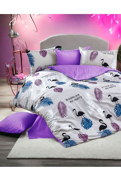 MAJESTE Flamingo Pelican Patterned Lilac-purple Bedsheet with 4 Pillowcases /ranforce Double Duvet Cover Set