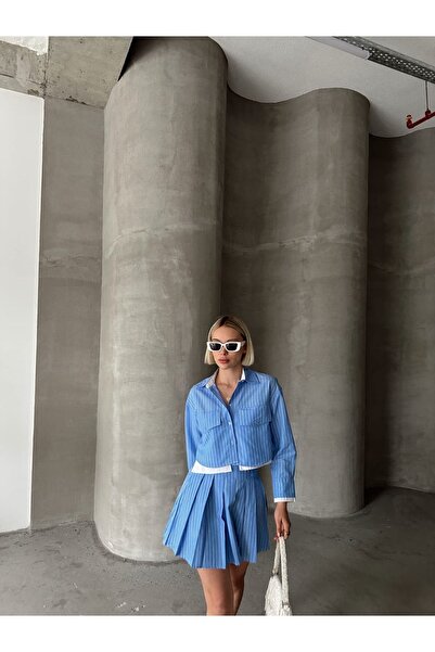 R&G RIMANERE GIOVANI Blue Striped Pleated Women's Mini Skirt and Jacket Set