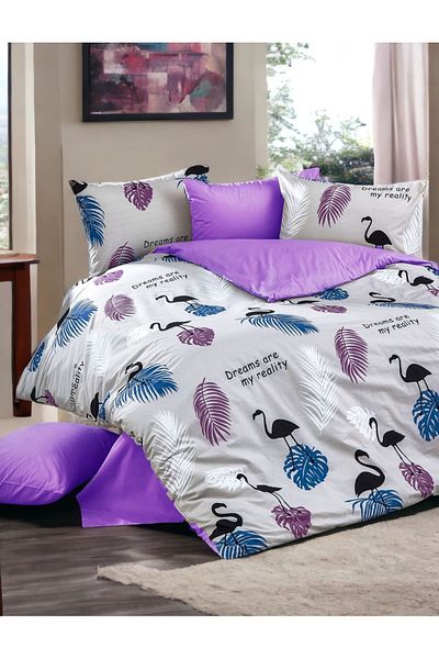 MAJESTE Flamingo Pelican Patterned Lilac-purple Bedsheet with 4 Pillowcases /ranforce Double Duvet Cover Set