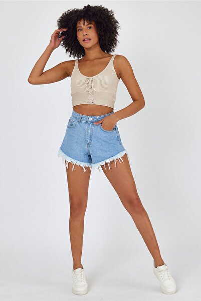 ASEDE Mikro Denim Püsküllü Şort