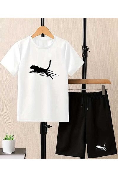ZEYSA KİDS Boys/Girls' Jaguar Printed Black and White T-Shirt and Shorts Set