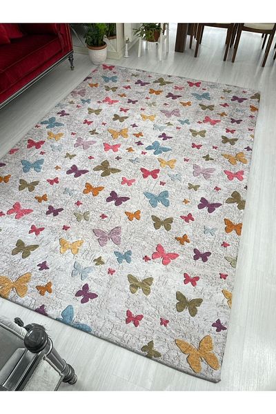 MEKA TEKSTİL Colorful Butterfly Pattern Elastic Velvet Carpet Cover