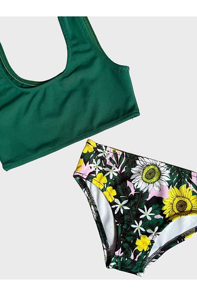 Fil Kids Girl's Green Pareo Daisy Floral Patterned Bikini Set