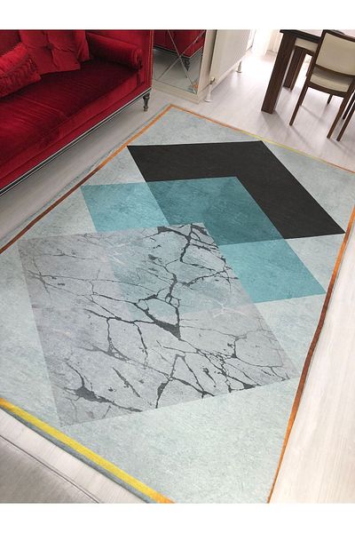 MEKA TEKSTİL New Pattern Turquoise Pyramid Pattern Velvet Carpet Cover