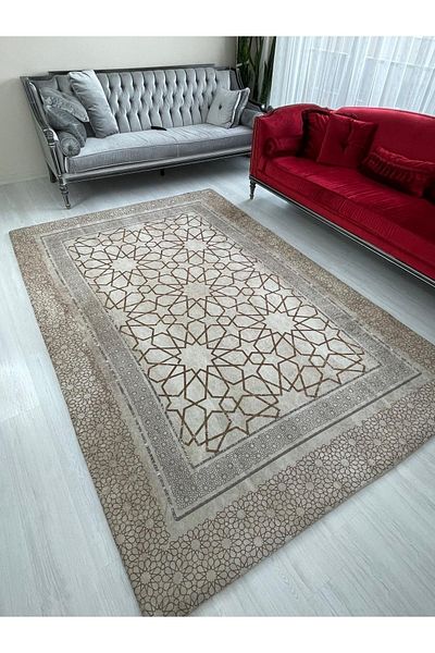 MEKA TEKSTİL Tile Model Brown Elastic Velvet Carpet Cover