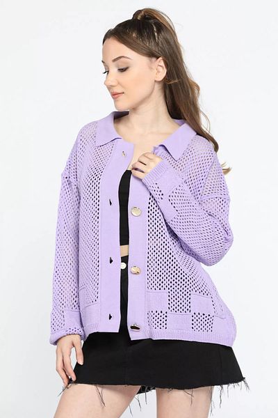 GÜLSELİ Openwork Lilac Gold Women's Knitwear Cardigan - Button Detailed