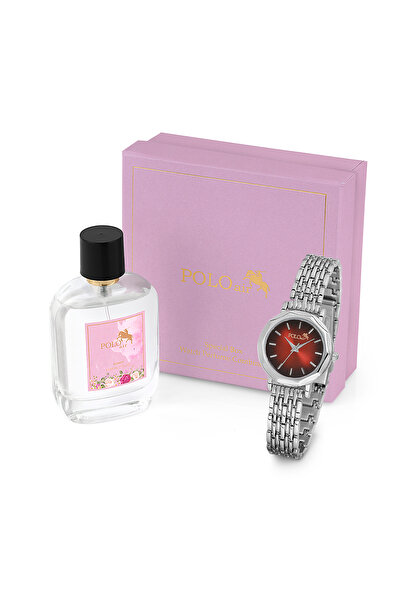 Polo Air Women's Wristwatch and Perfume Gift Combination Silver-Red St-2109S5