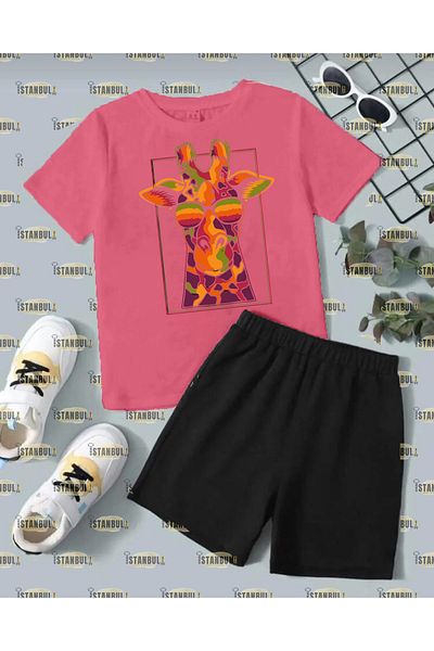 aynewmoda Set de trening cu tricou și pantaloni scurți cu imprimeu cu girafe