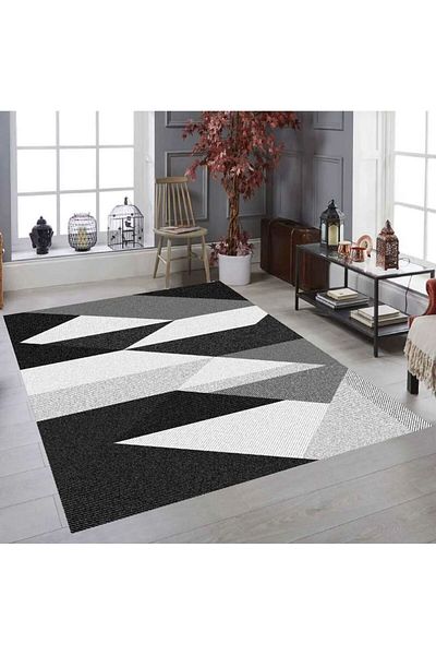 MEKA TEKSTİL Black Gray Pyramid Model Lux Carpet Cover with Elastic