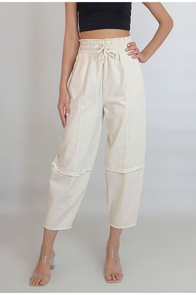 oyagüler Ecru Herringbone Woven - Women's Baggy Trousers with Pockets YY101126