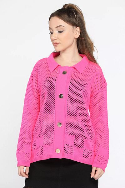 GÜLSELİ Fuchsia Gold Openwork Women's Knitwear Cardigan - Button Detailed