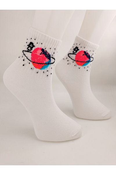 Shuttle Park White Space World Patterned Written College Socks - Unisex Comics Fashion