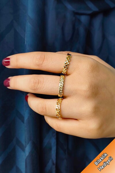 TREND COLLECTİON Klasik Minimal Gold Ayarlanabilir 3'lü Kadın Yüzük Set