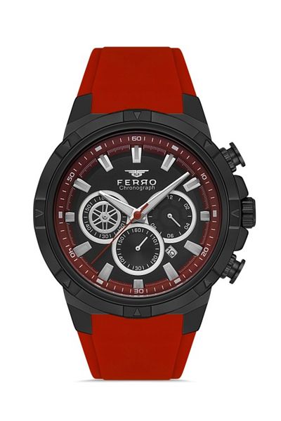 FERRO Men's Wristwatch - Quartz Silicone, Burgundy Black, 47 mm, Dial Chron