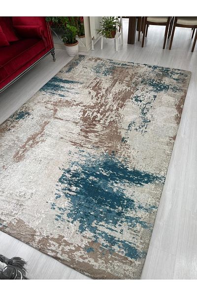 MEKA TEKSTİL New Pattern Jet Brown and Turquoise Model Velvet Carpet Cover