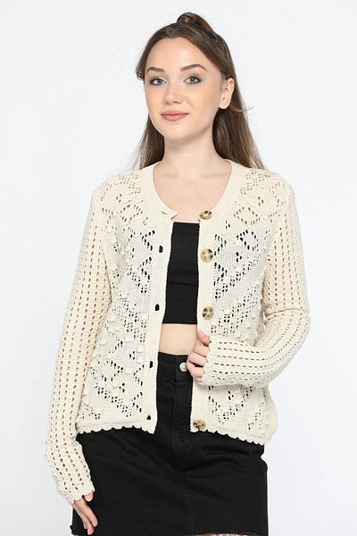 GÜLSELİ Cardigan de tricotaj de damă bej - model în relief ajurat, nasturi în față