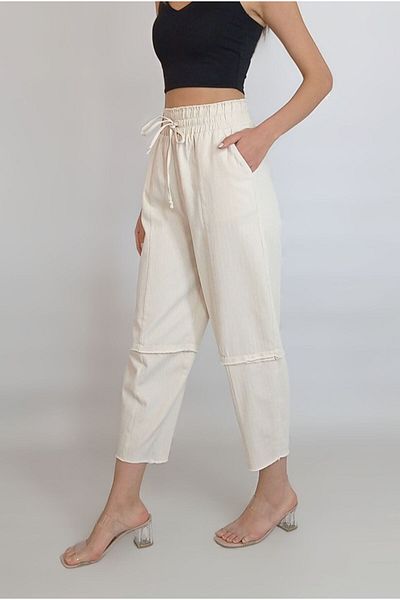 oyagüler Ecru Herringbone Woven - Women's Baggy Trousers with Pockets YY101126